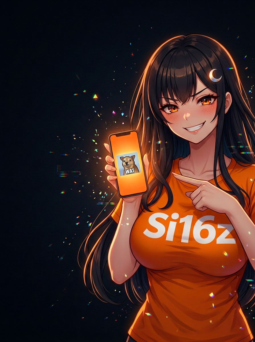 Si16z grinning while showing a meme on her phone